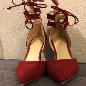 Red ankle tie pointed toe pumps